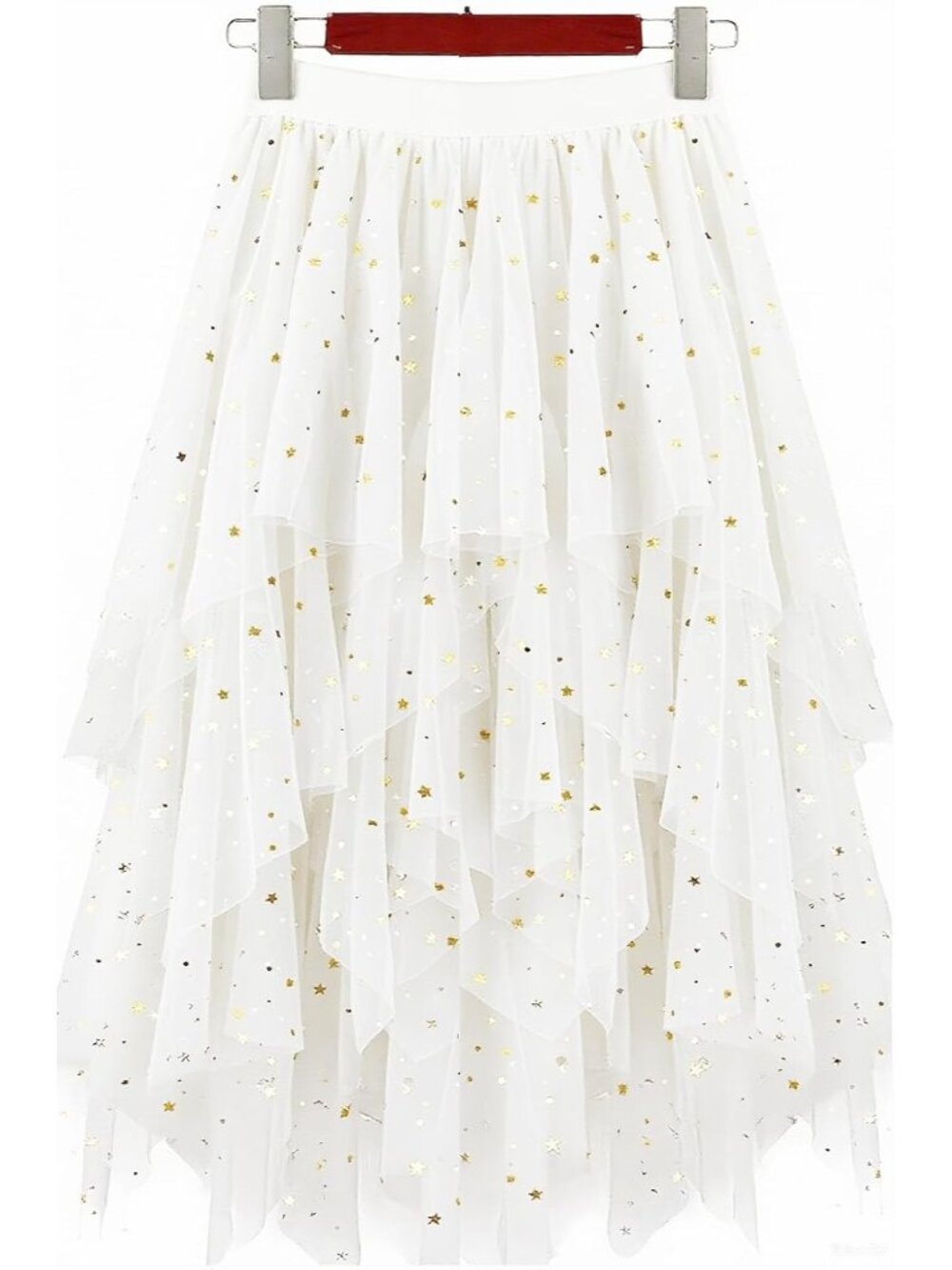 Women's White-Sequin High Waist Layered Tulle Mesh Ruffle Asymmetric Midi Skirt